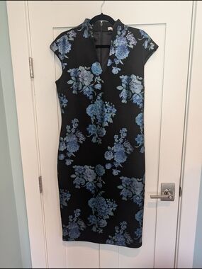 Black Sheath Dress with Blue Floral Print, Notched V-Neck
